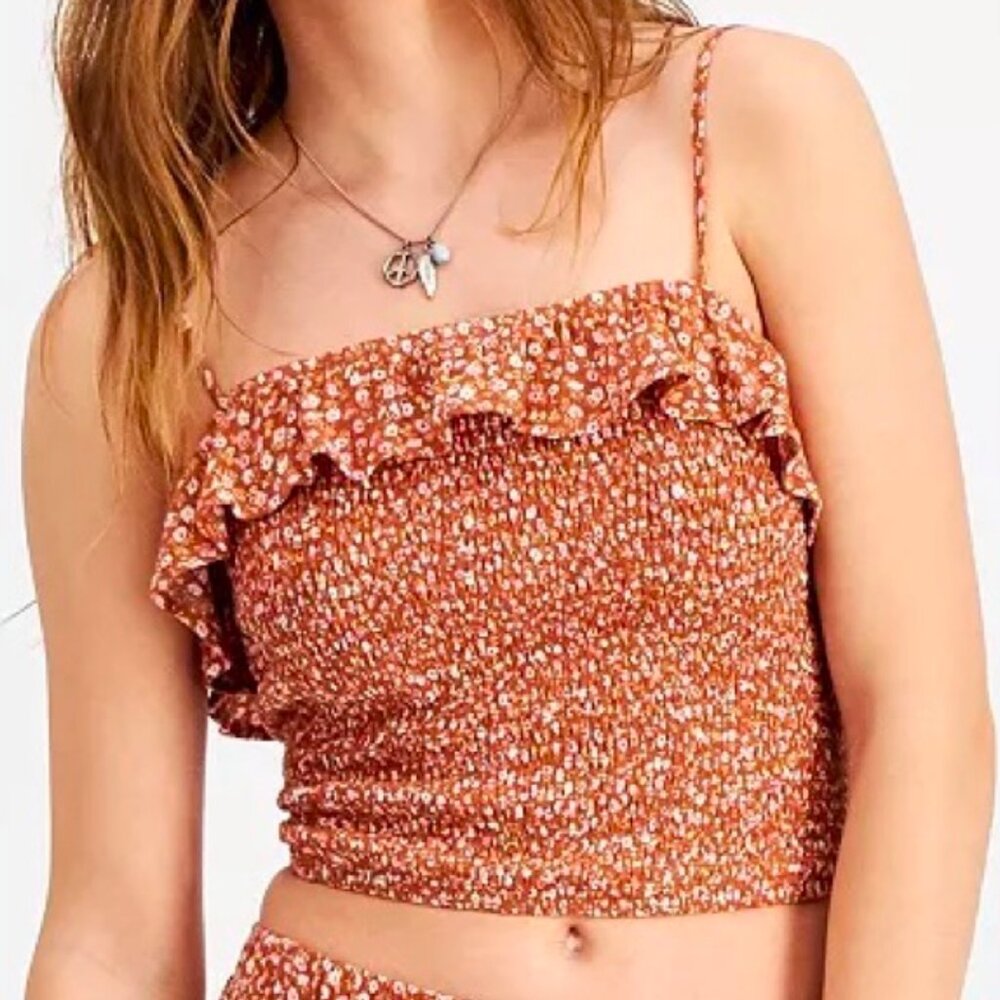 NEW! Hippie Rose Crop Tank‎ Top Ruffled Floral Brown Strappy Junior Medium Rayon